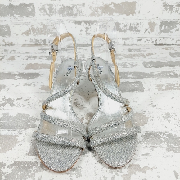 NEW Michael Kors Silver Slip On Buckle Slingback Summer Heeled Sandals O756 - Picture 3 of 13